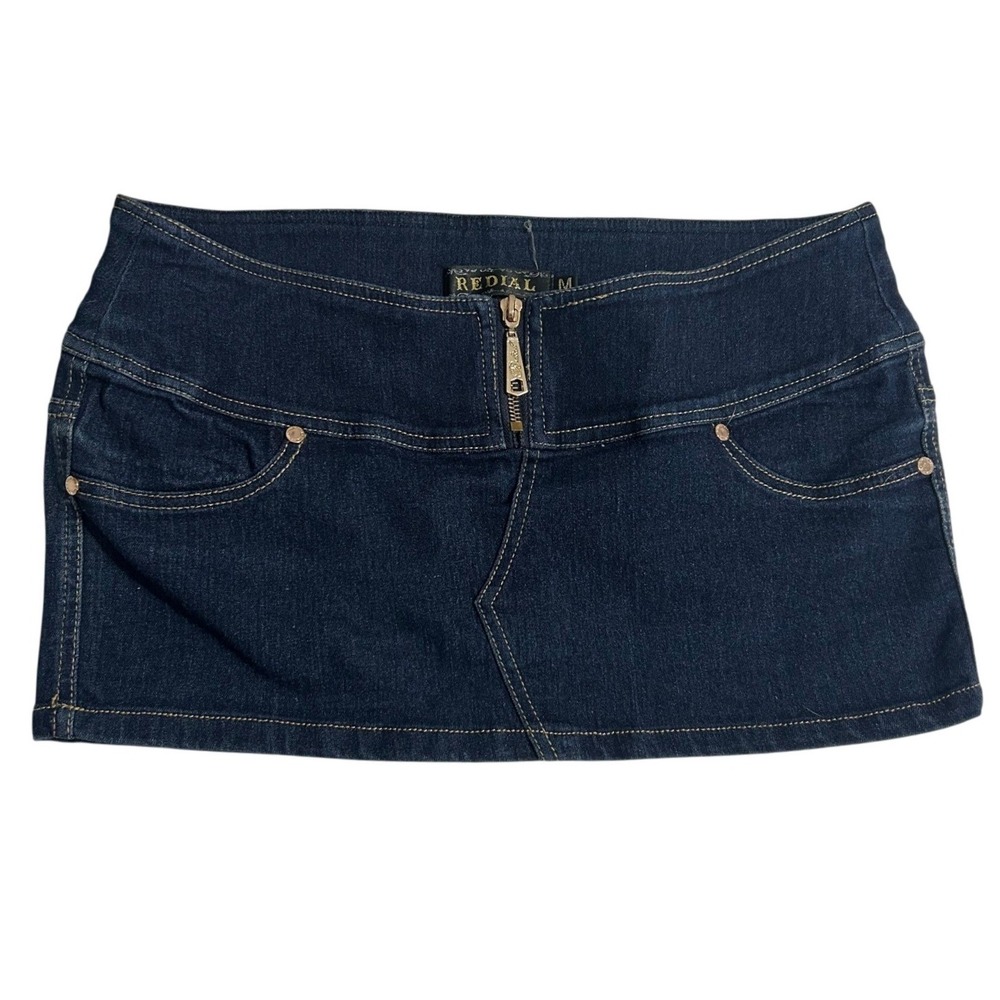 Redial Denim y2k Low Rise Micro Mini Skirt Medium Dark Wash Front Zip Closure